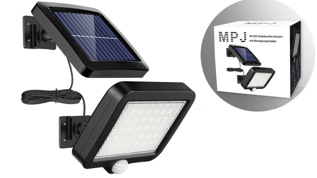 MPJ Lumière solaire extérieure avec détecteur de mouvement 56 LED, lumière solaire de jardin étanche IP65 à 120 ° avec câble de 5 m