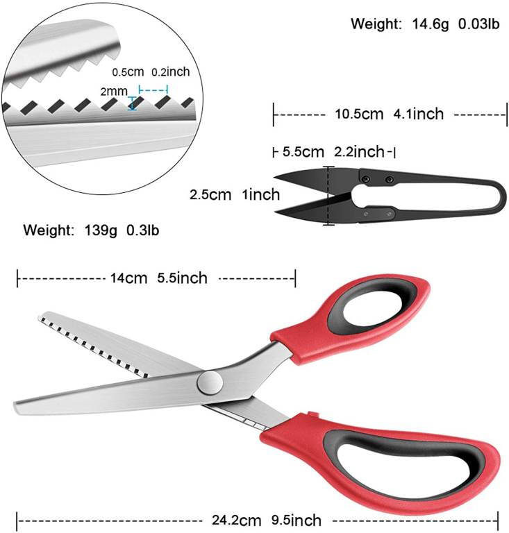 KUONIIY Ciseaux Dentelés, Ciseaux à Coudre de Qualité Professionnelle, 23 cm, Rouge et Noir
